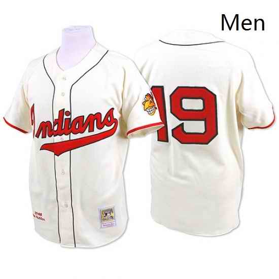 Mens Mitchell and Ness 1948 Cleveland Indians 19 Bob Feller Replica Cream Throwback MLB Jersey